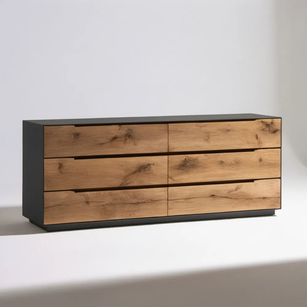 Komoda z 6 szufladami, czarno-dębowa, 160 x 40 x 75 cm