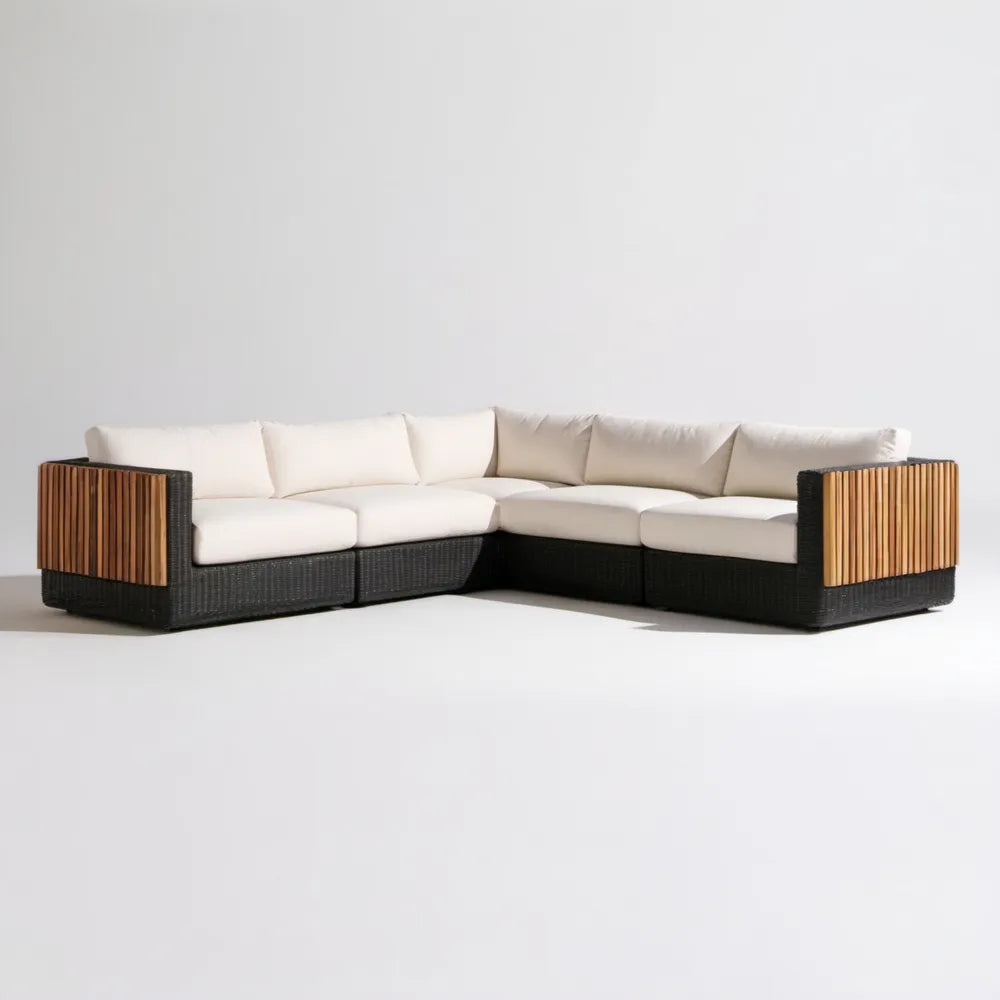 Narożna sofa ogrodowa z technorattanu i drewna akacjowego, kremowo-czarno-brązowa, 280 x 220 x 70 cm