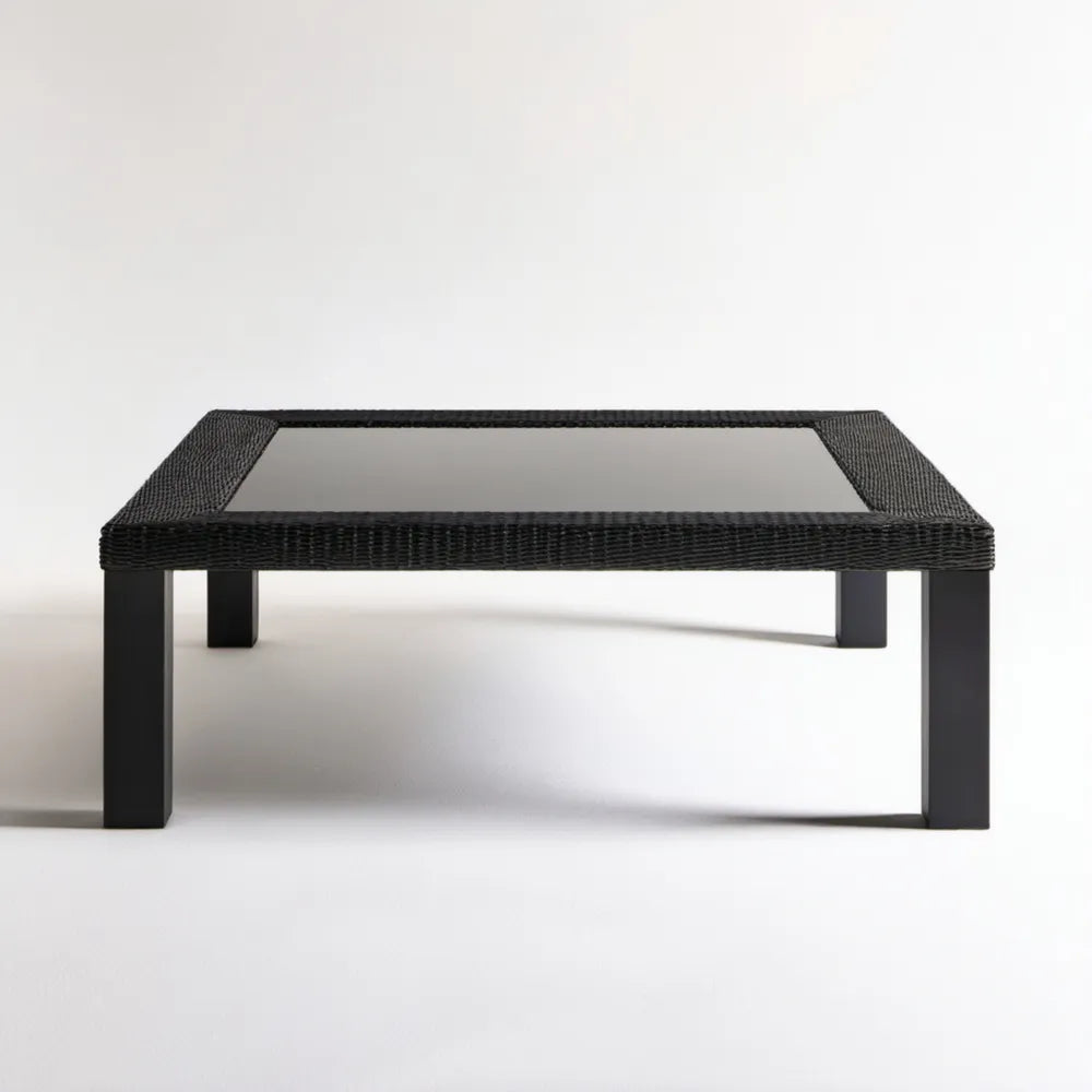 Czarny prostokątny stolik kawowy z technorattanu i szkła 100 x 60 x 45 cm