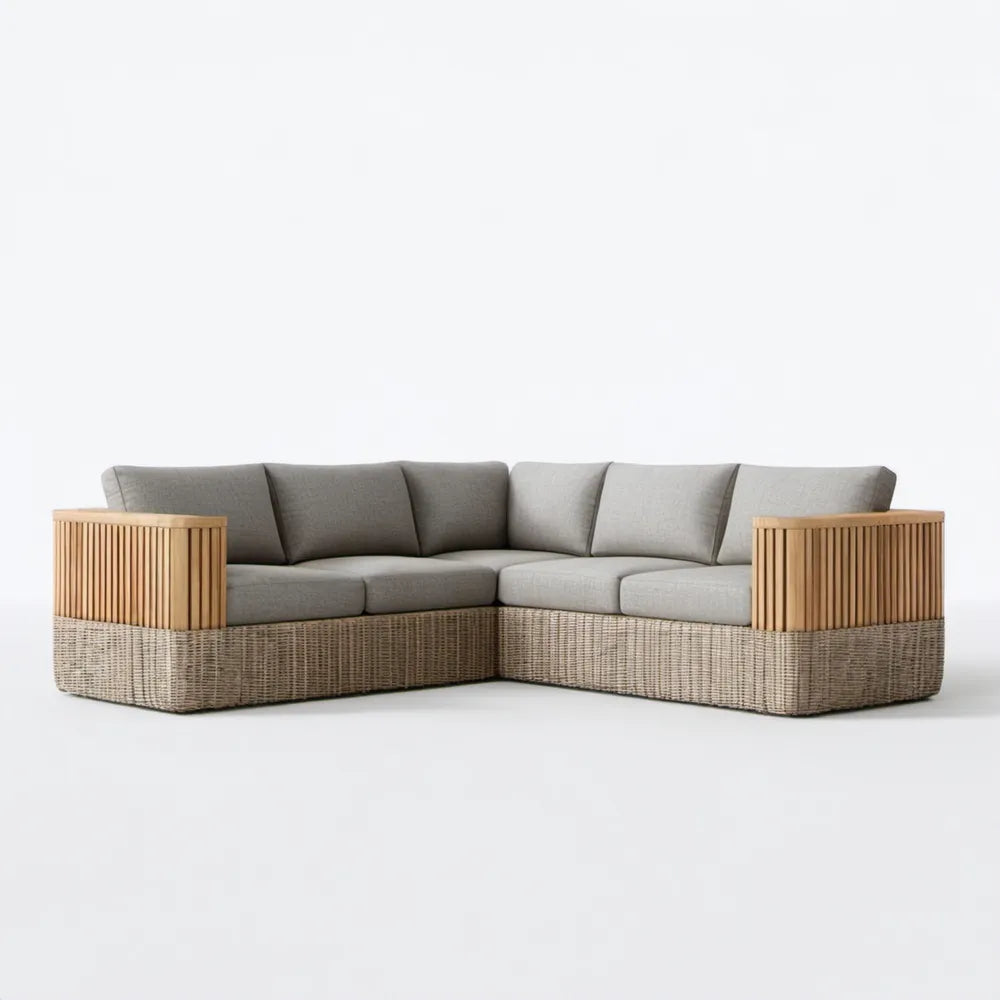 5-osobowa narożna sofa ogrodowa z technorattanu PE i drewna akacjowego, szaro-beżowa, 280 × 220 × 70 cm
