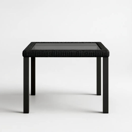 Czarny kwadratowy stolik ogrodowy z technorattanu ze szklanym blatem 80 x 80 x 74 cm