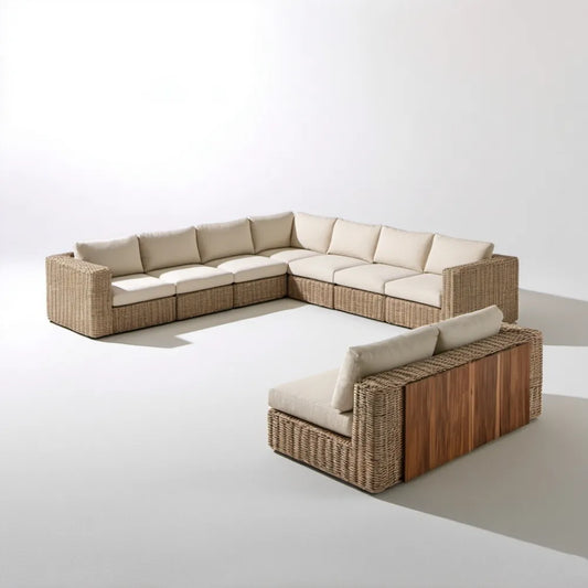 Ogrodowy narożnik modułowy w kształcie L z fotelem, rattan PE, beżowy/kremowy/brązowy, 330 × 330 cm