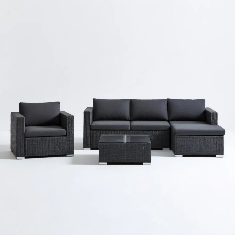 4-częściowy zestaw z technorattanu PE Czarny/Grafitowy, sofa 180 x 65 x 63 cm