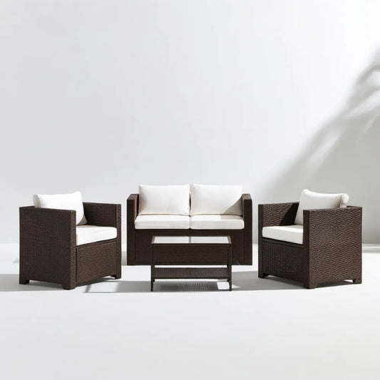 4-częściowy komplet wypoczynkowy z technorattanu PE, ciemnobrązowy z białymi poduszkami, sofa 128 x 70 x 78 cm