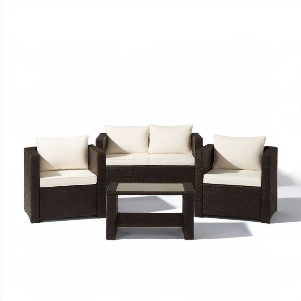 4-częściowy komplet z technorattanu brązowy/kremowy – sofa 126 × 65 × 73 cm, fotele 65 × 65 × 73 cm, stolik 90 × 45 × 40 cm