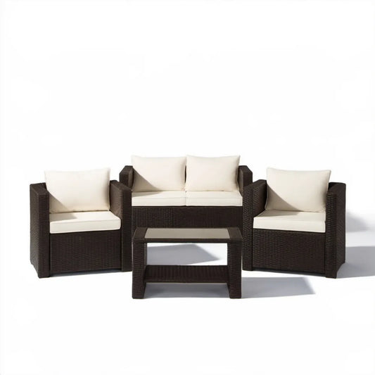 4-częściowy komplet z technorattanu brązowy/kremowy – sofa 126 × 65 × 73 cm, fotele 65 × 65 × 73 cm, stolik 90 × 45 × 40 cm