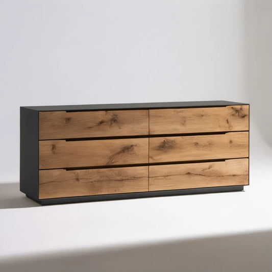 Komoda z 6 szufladami, czarno-dębowa, 160 x 40 x 75 cm