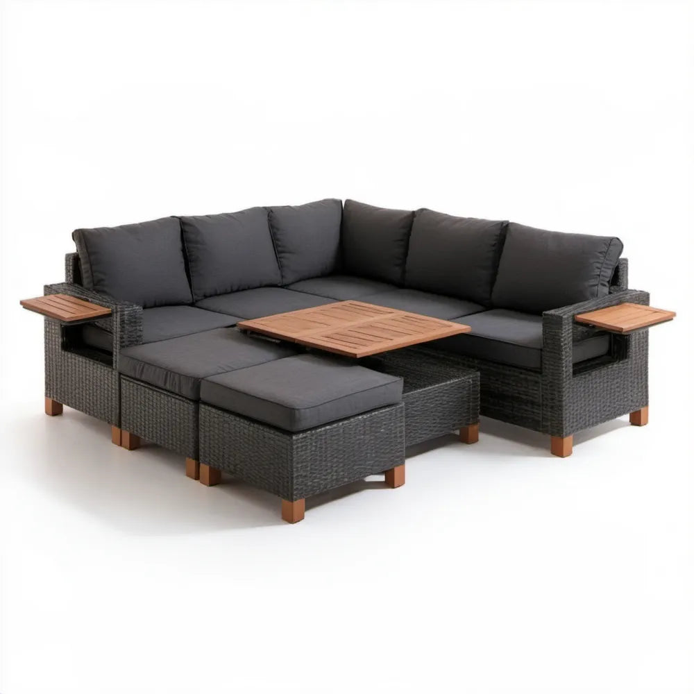 Modułowy narożnik ogrodowy w kształcie L z technorattanu PE, czarny/ciemnoszary/brązowy, 235 x 180 x 65 cm