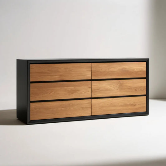 Komoda 160 x 45 x 80 cm z 6 szufladami, czarna z frontami w kolorze naturalnego dębu