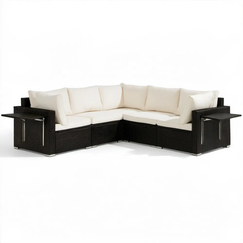 Narożna sofa ogrodowa z technorattanu PE czarna z kremowymi poduszkami, 260 × 260 × 80 cm