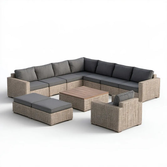 Modułowy zestaw wypoczynkowy z technorattanu jasnobrązowy i szary z ciemnoszarymi poduszkami, 300 × 230 × 80 cm