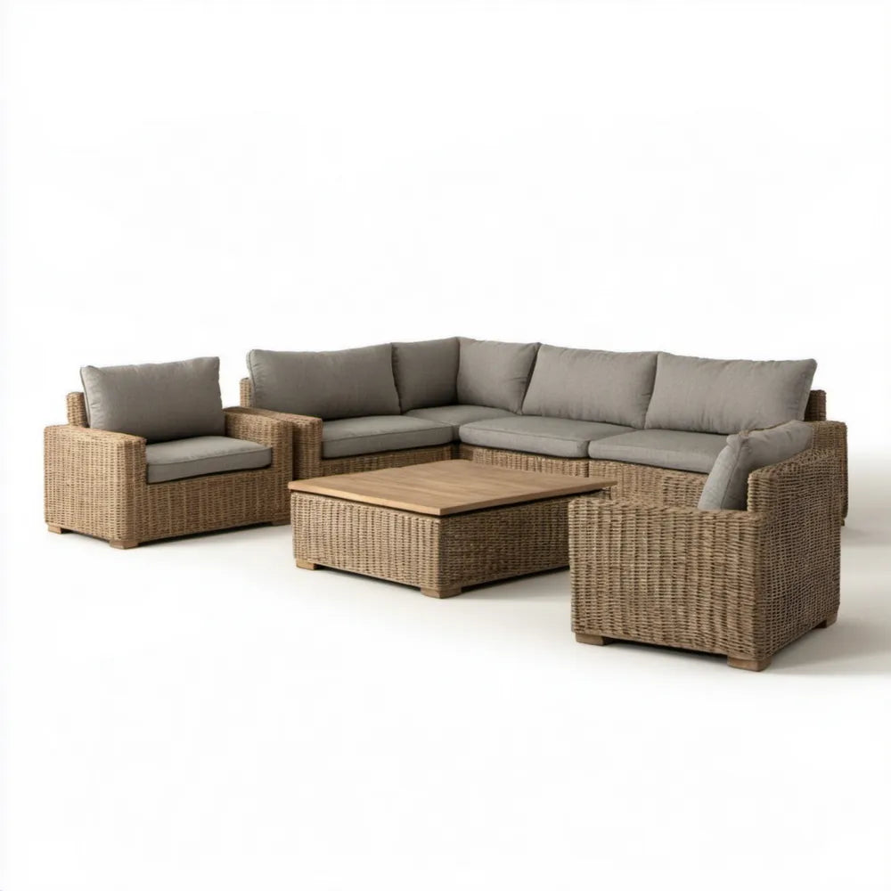 Beżowy zestaw wypoczynkowy z technorattanu, sofa 220 x 78 x 78 cm, 2 fotele i stolik 110 x 60 x 45 cm