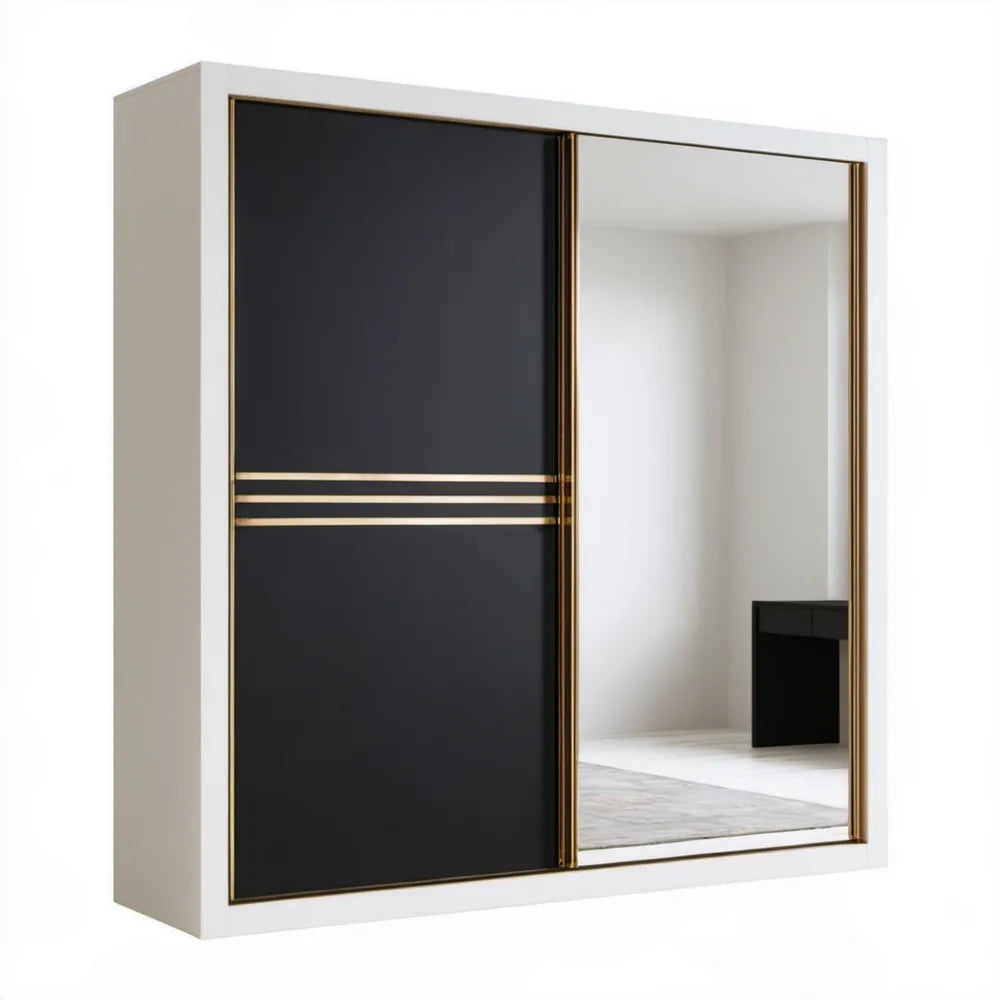 Biała szafa przesuwna z lustrem, czarnym frontem i złotymi listwami, 180 × 60 × 200 cm