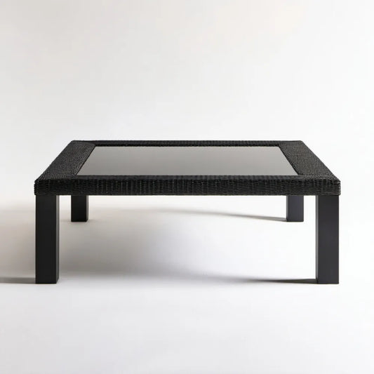 Czarny prostokątny stolik kawowy z technorattanu i szkła 100 x 60 x 45 cm