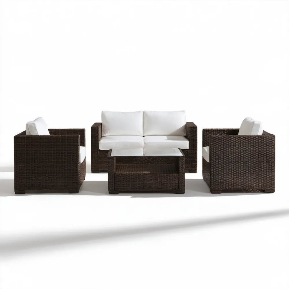 4-częściowy zestaw wypoczynkowy z technorattanu PE ciemnobrązowy z białymi poduszkami, sofa 120 x 60 x 75 cm