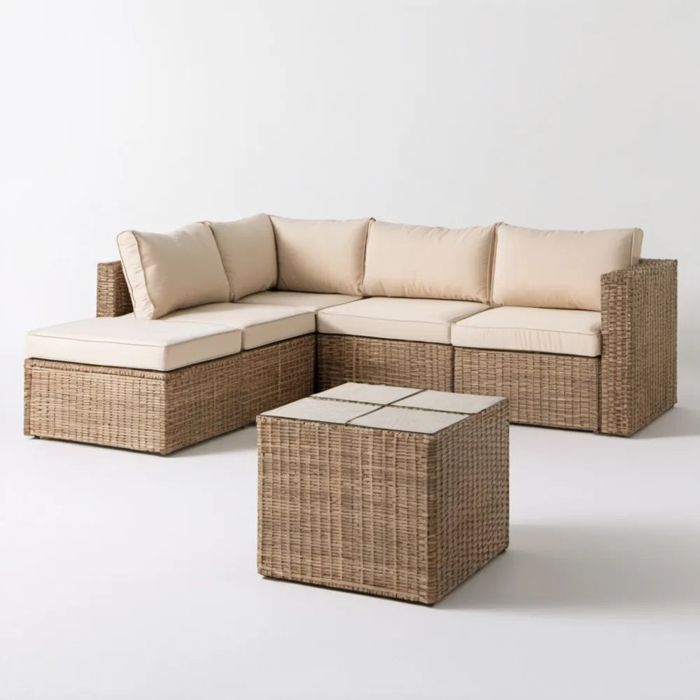Narożny zestaw wypoczynkowy z technorattanu Brązowy/Beżowy, sofa 210 × 140 × 65 cm, stolik 70 × 70 × 40 cm