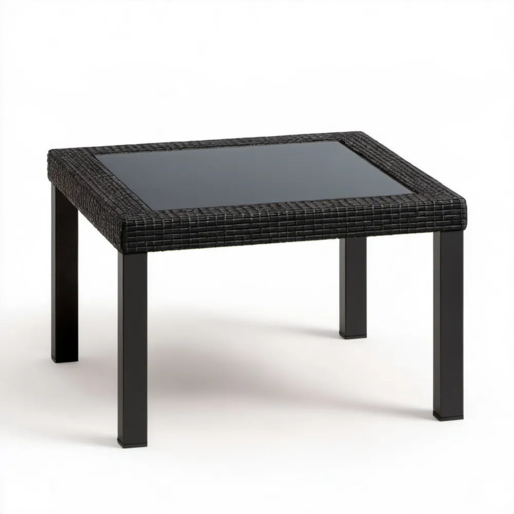 Czarny kwadratowy stolik ogrodowy z technorattanu i szkła hartowanego 80 x 80 x 45 cm