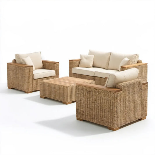 4-elementowy zestaw wypoczynkowy z technorattanu PE, beżowo-kremowy, sofa 200 × 85 × 80 cm