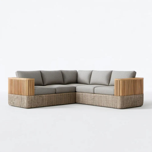 5-osobowa narożna sofa ogrodowa z technorattanu PE i drewna akacjowego, szaro-beżowa, 280 × 220 × 70 cm