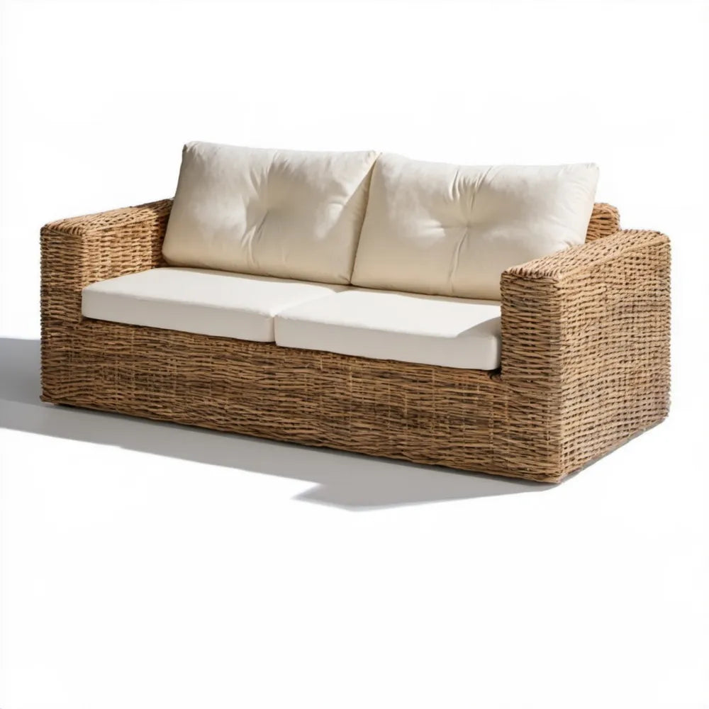 Dwuosobowa sofa ogrodowa z naturalnego rattanu, beżowa/kremowa, 165 x 85 x 75 cm
